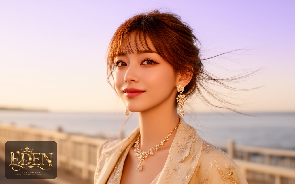 Eden, a POPORO CITY character, strolling along a sunlit seaside promenade in late afternoon light