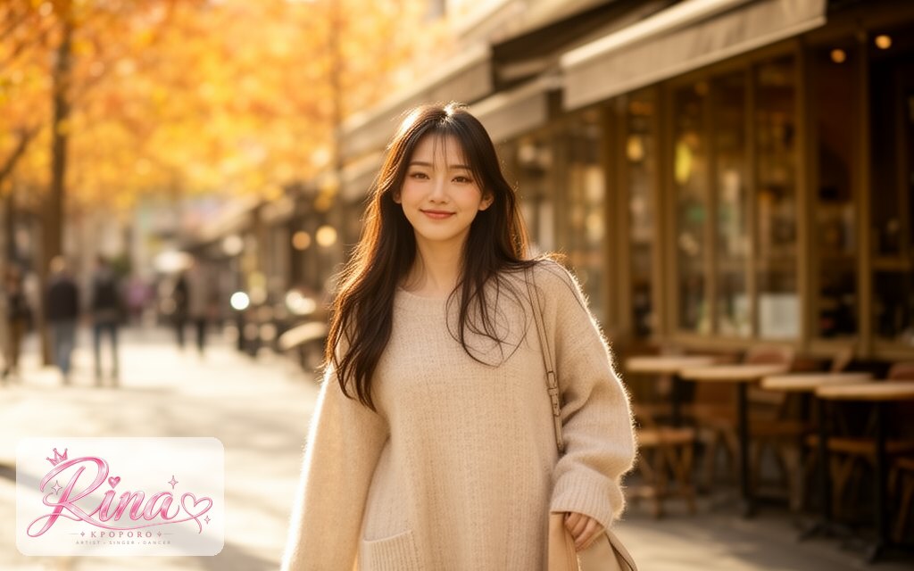 Rina, a POPORO CITY character, walking along a sunny cafe street on an autumn afternoon
