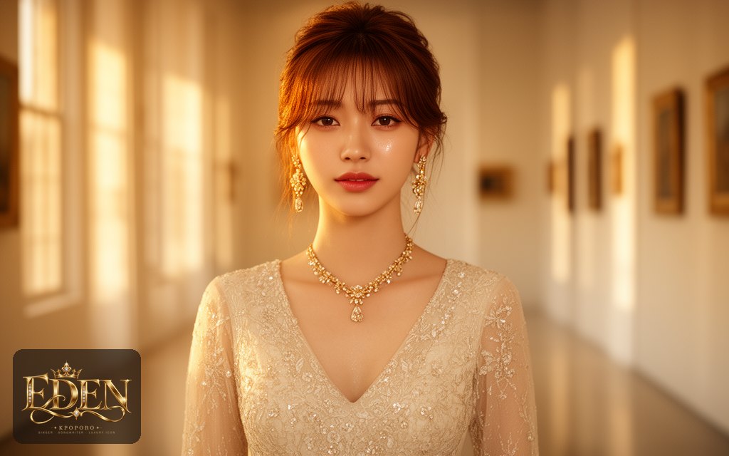 Eden, a POPORO CITY character, walking through a sunlit gallery corridor in warm golden light