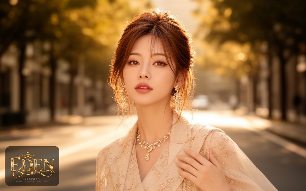 Eden, a POPORO CITY character, strolling along a sunlit city boulevard at golden hour