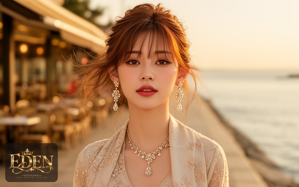 Eden, a POPORO CITY character, strolling along a sunlit seaside promenade in late afternoon light