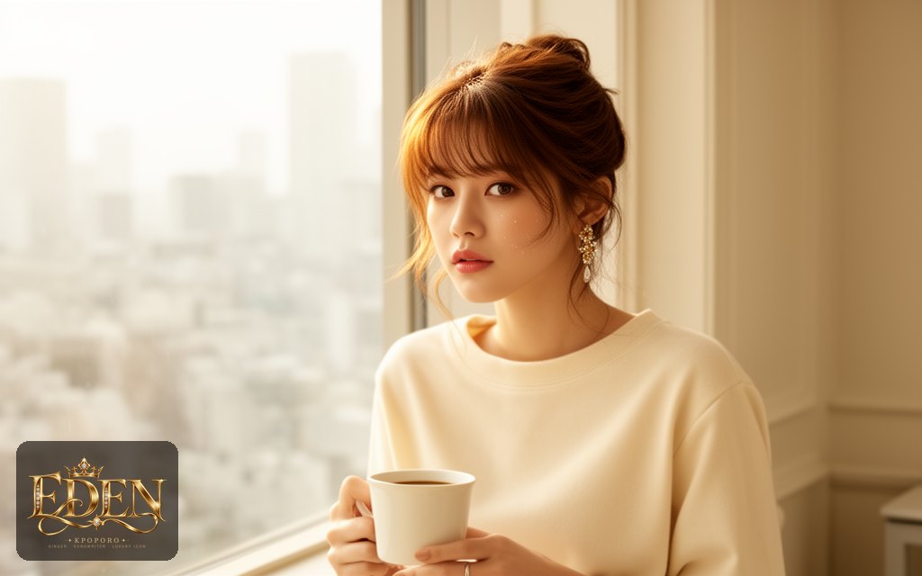 Eden, a POPORO CITY character, sitting by a sunlit window in a minimalist apartment with a cup of coffee