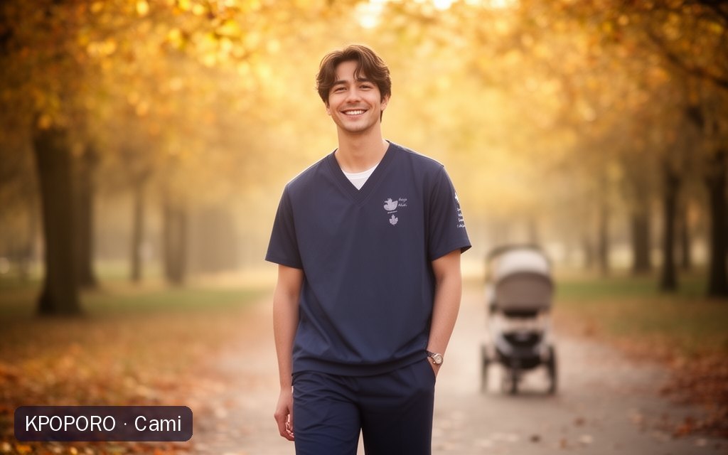 Cami, a POPORO CITY character, taking a calm morning walk on a tree-lined park path in autumn light