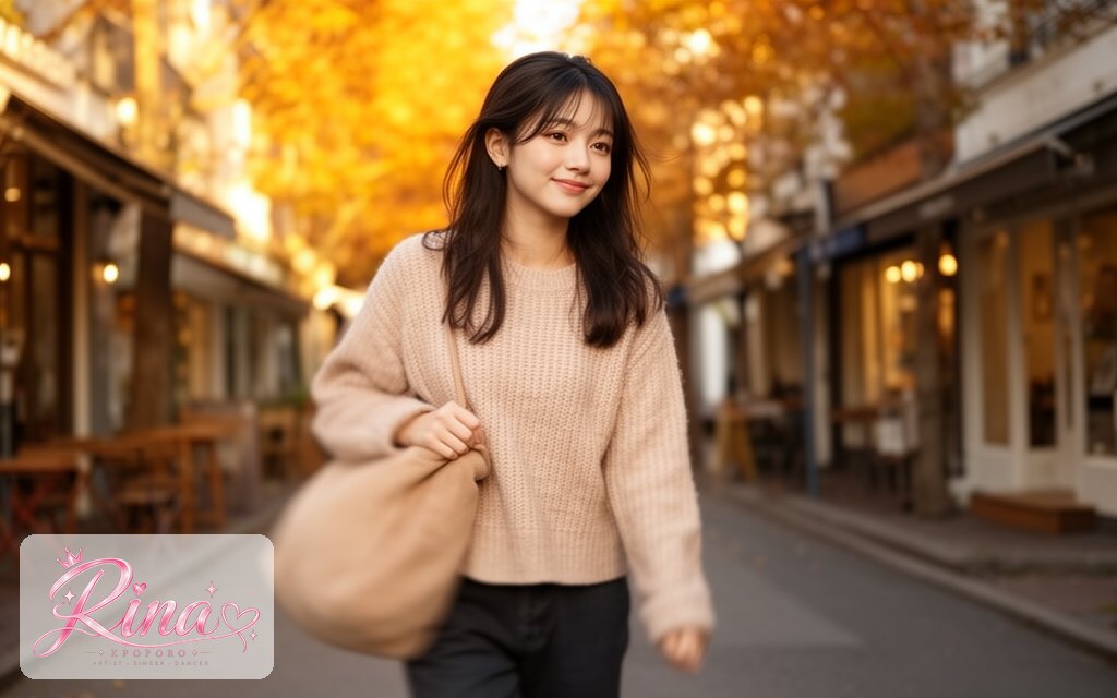 Rina, a POPORO CITY character, walking along a sunny autumn boutique street