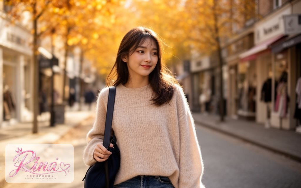 Rina, a POPORO CITY character, walking along a sunny boutique street on an autumn afternoon