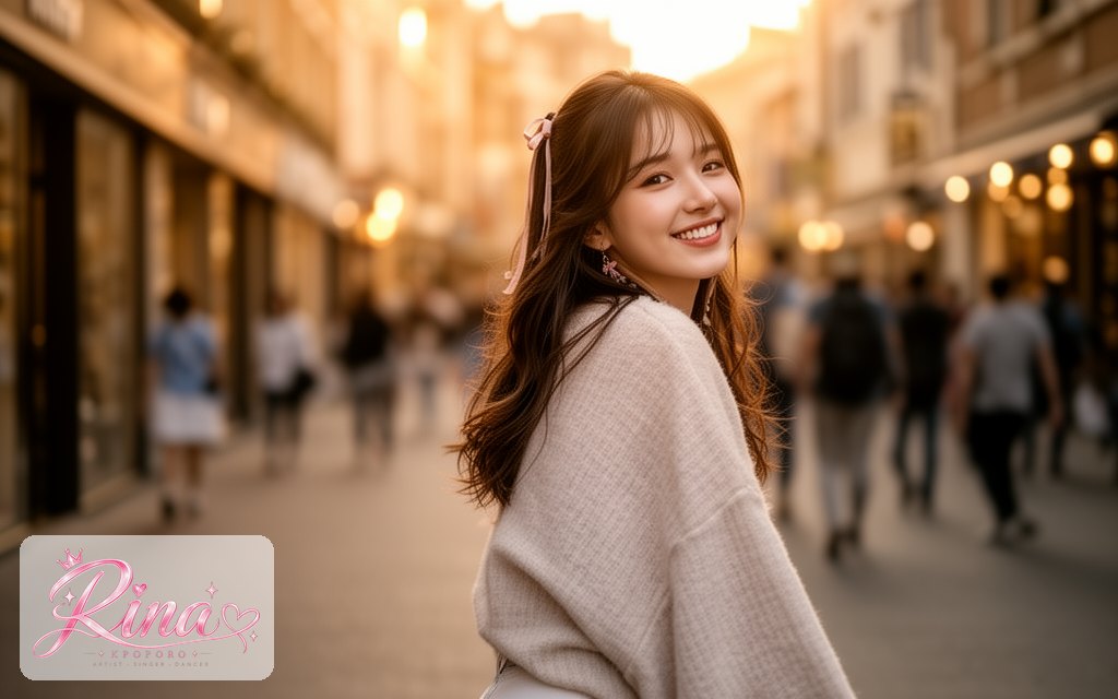 Rina, a POPORO CITY character, walking down a city street at golden hour in relaxed streetwear