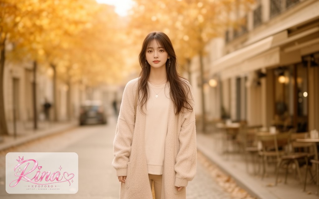 Rina, a POPORO CITY character, walking along a sunlit autumn street lined with small cafes