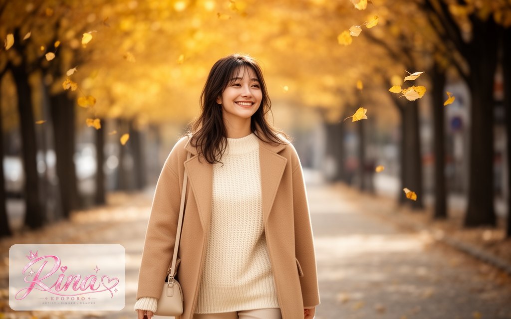 Rina, a POPORO CITY character, walking along a tree-lined street on an autumn afternoon