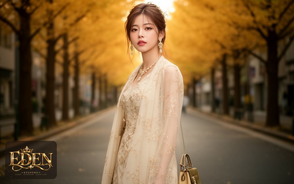 Eden, a POPORO CITY character, walking down an autumn ginkgo-lined street in golden afternoon light