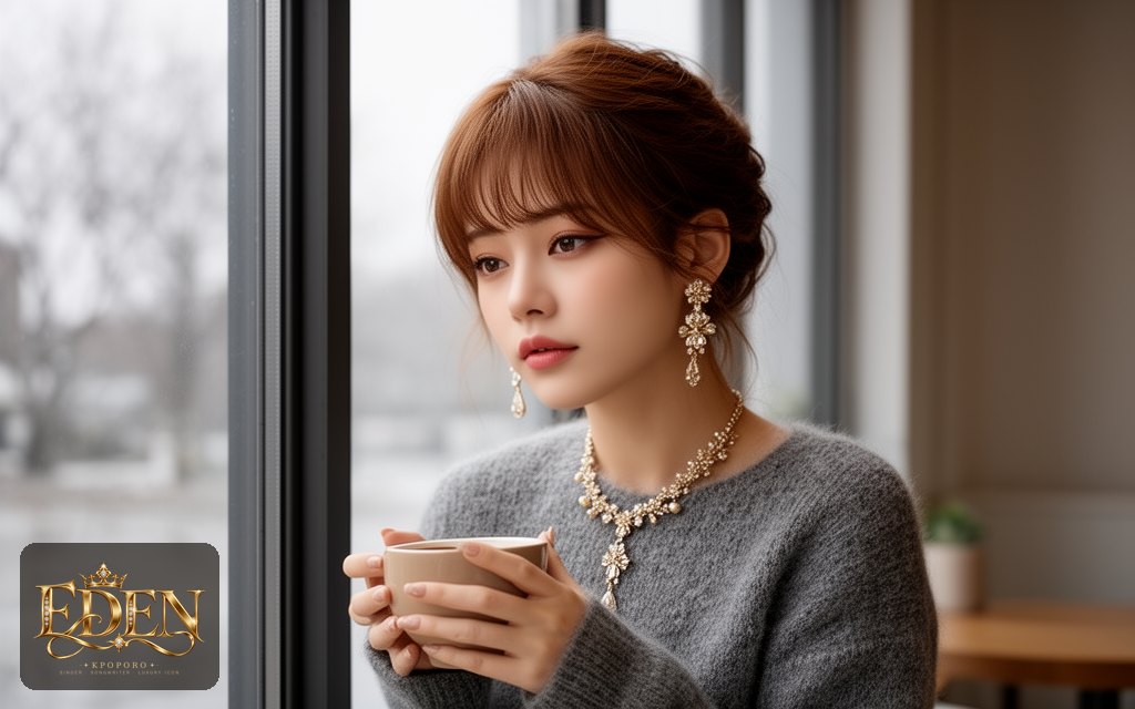 Eden, a POPORO CITY character, sitting by a cafe window on a cool autumn morning
