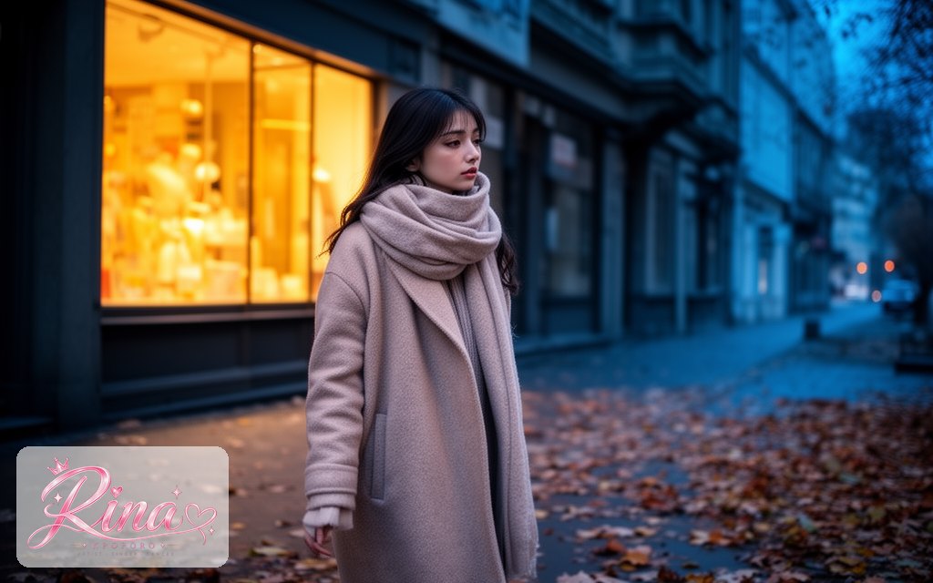 Rina, a POPORO CITY character, walking along a chilly city street on a late autumn evening