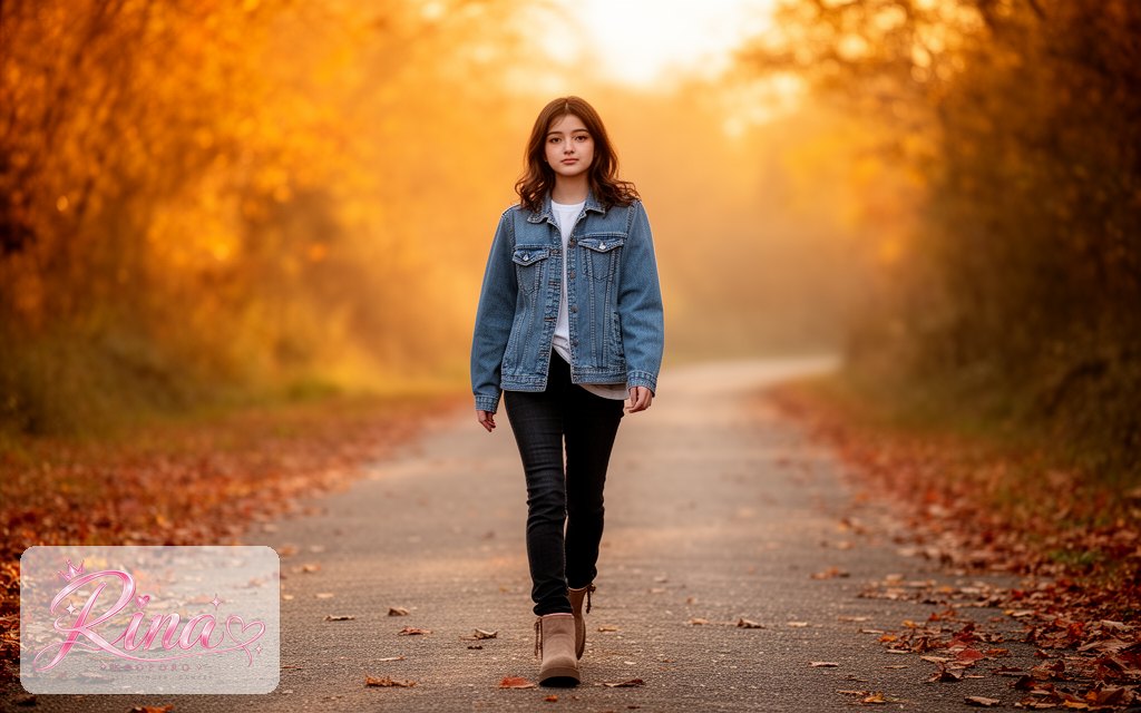 Rina, a POPORO CITY character, walking along a sunlit autumn country road at golden hour
