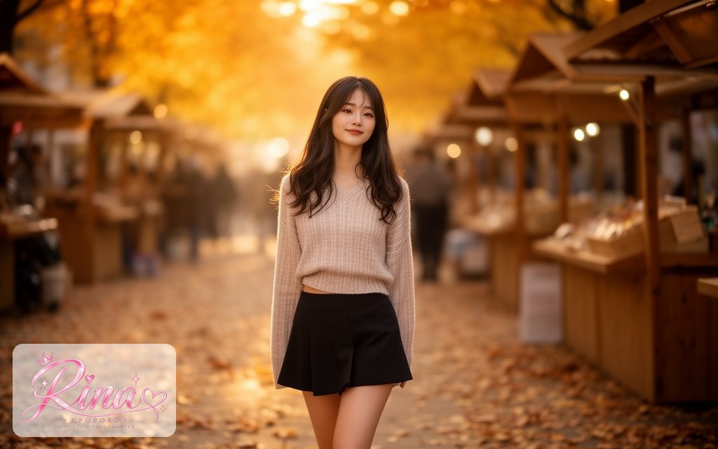 Rina, a POPORO CITY character, walking through a sunlit autumn street market at golden hour