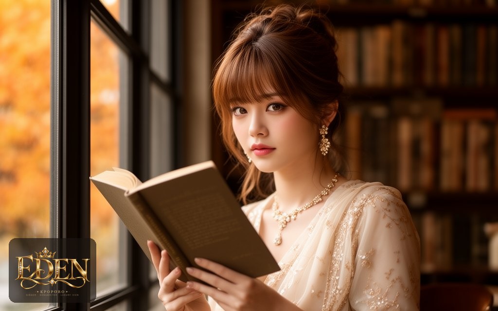 Eden, a POPORO CITY character, reading by a tall window in a quiet library cafe on an autumn afternoon