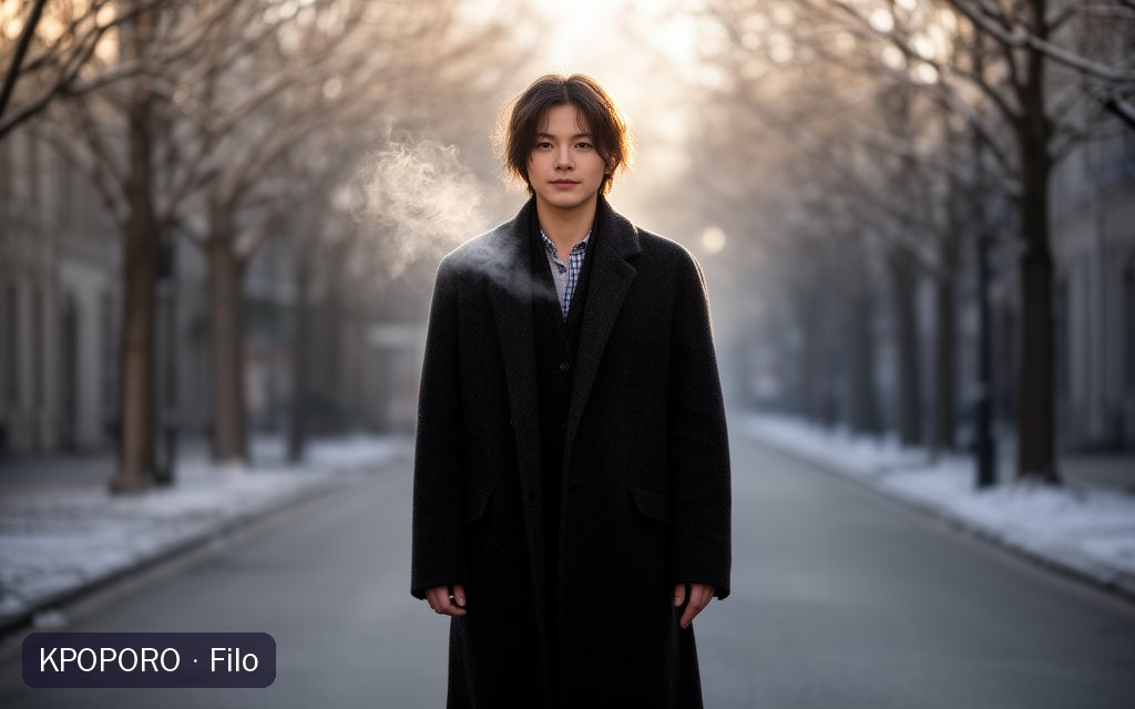 Filo, a POPORO CITY character, walking along a tree-lined city street on a crisp early winter morning