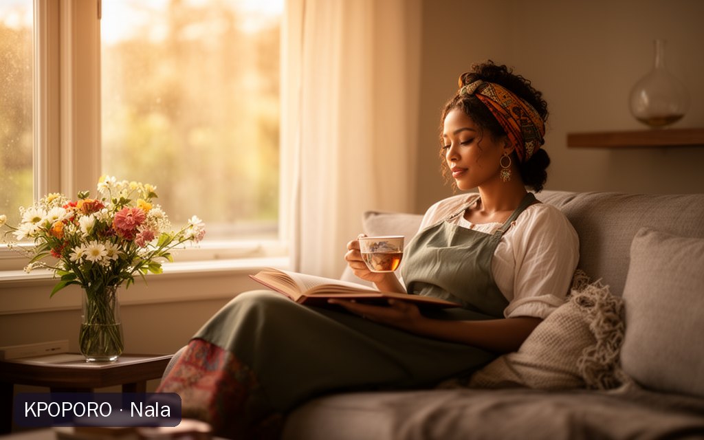 Nala, a POPORO CITY character, relaxing by a sunlit window with tea and a book