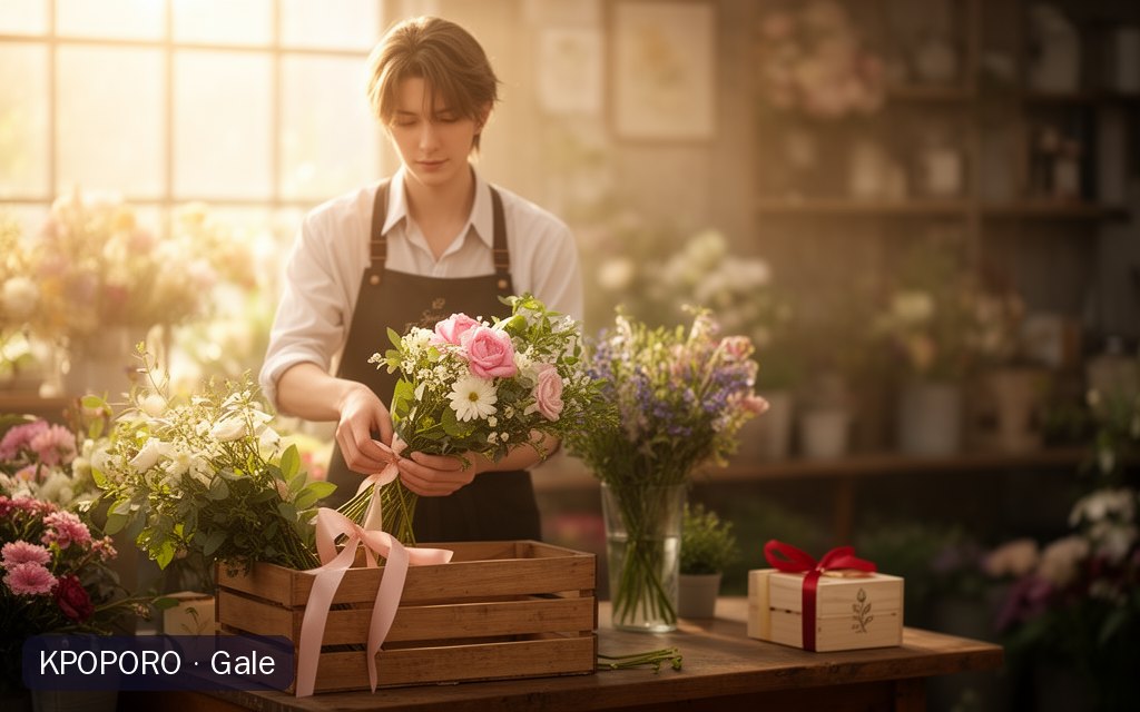 Gale, a POPORO CITY character, arranging flowers in a sunlit flower shop in the morning