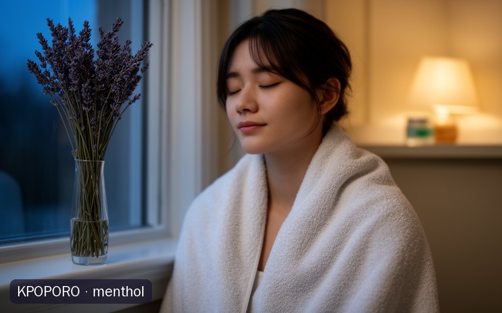 menthol, a POPORO CITY character, unwinding by a window in a softly lit bathroom with lavender sprigs nearby