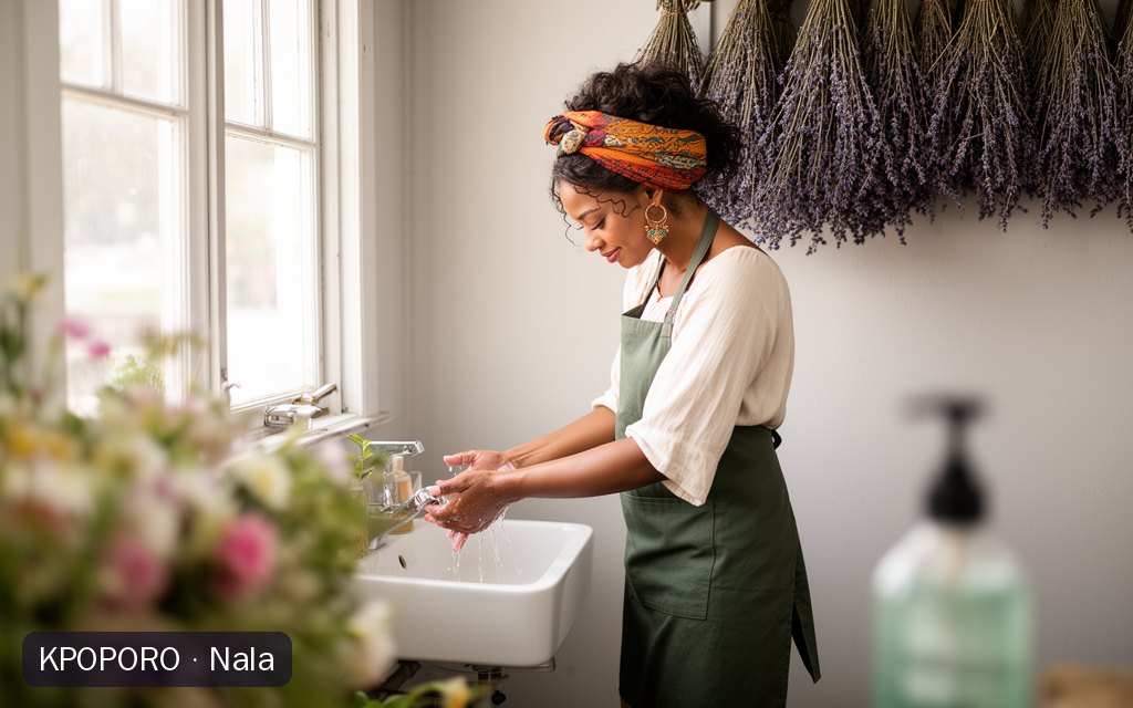 Nala, a POPORO CITY character, washing her hands at a small sink in the back room of her flower shop with dried lavender hanging nearby