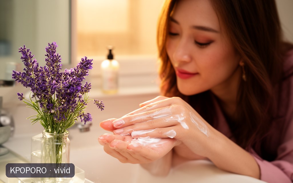 vivid, a POPORO CITY character, relaxing at a sunlit bathroom vanity with fresh lavender in the evening