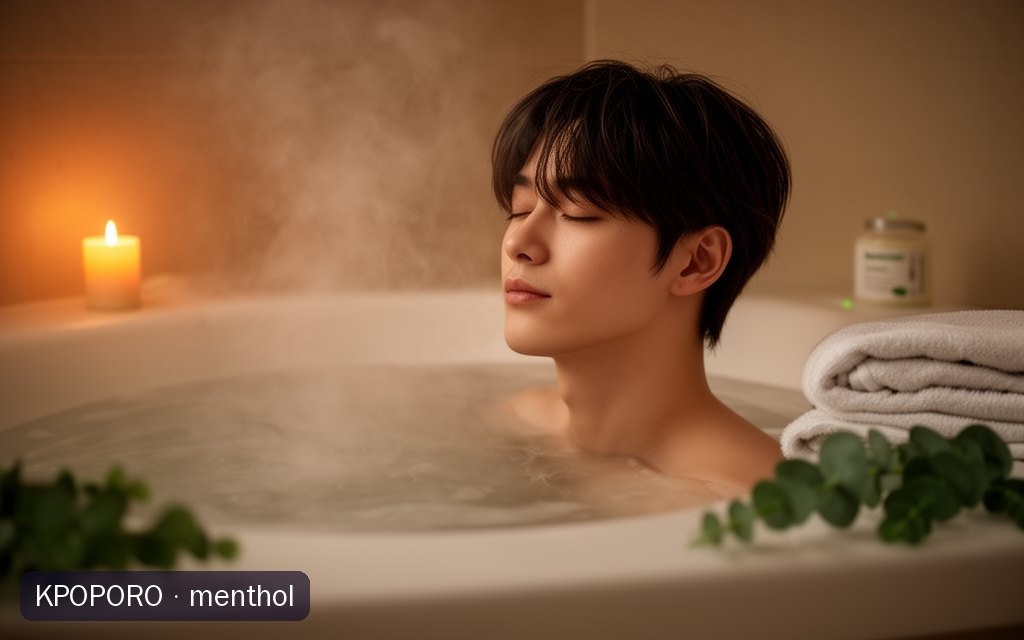menthol, a POPORO CITY character, relaxing in a calm candlelit bathroom with soft steam and eucalyptus sprigs