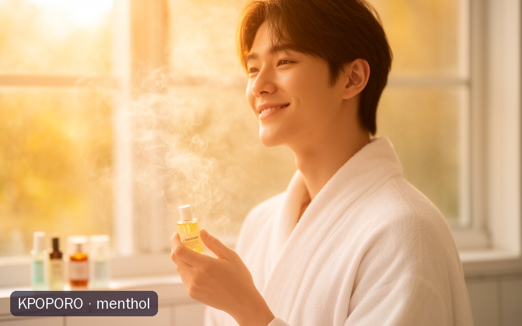menthol, a POPORO CITY character, standing by a sunny bathroom window in a calm morning self-care moment