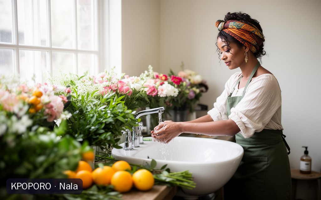 Nala, a POPORO CITY character, washing her hands at a ceramic sink in a sunny flower shop workroom