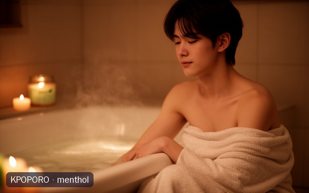 menthol, a POPORO CITY character, relaxing beside a warm, softly lit evening bath