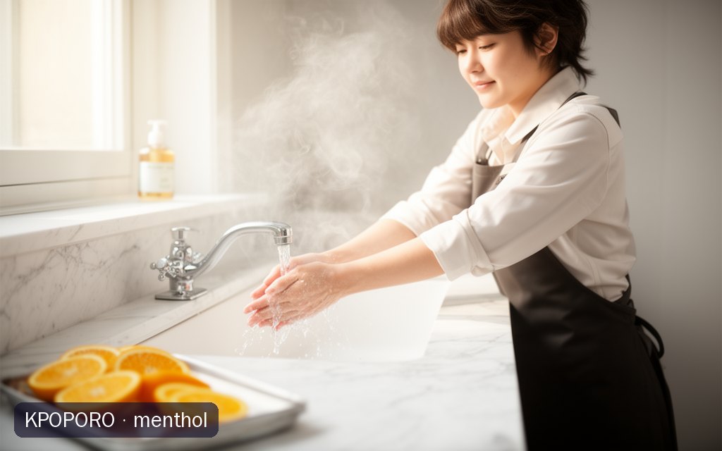 menthol, a POPORO CITY character, washing her hands at a bright marble sink in soft morning light