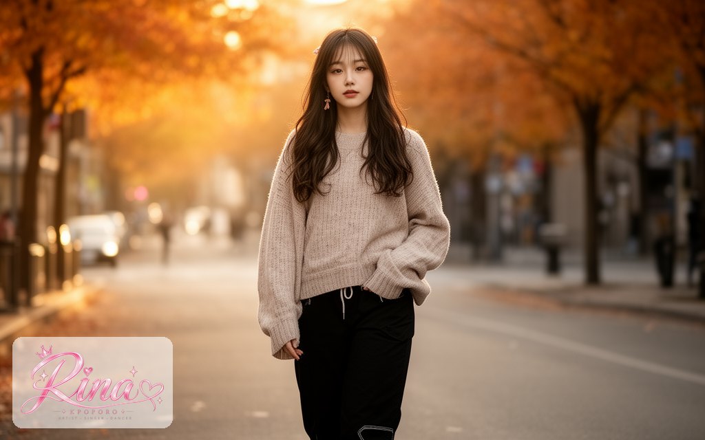 Rina, a POPORO CITY character, walking along a city street at golden hour on an autumn afternoon
