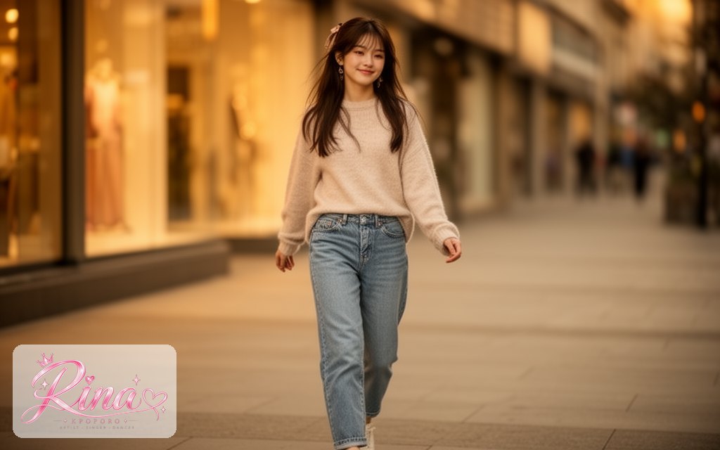 Rina, a POPORO CITY character, walking along a city street at golden hour