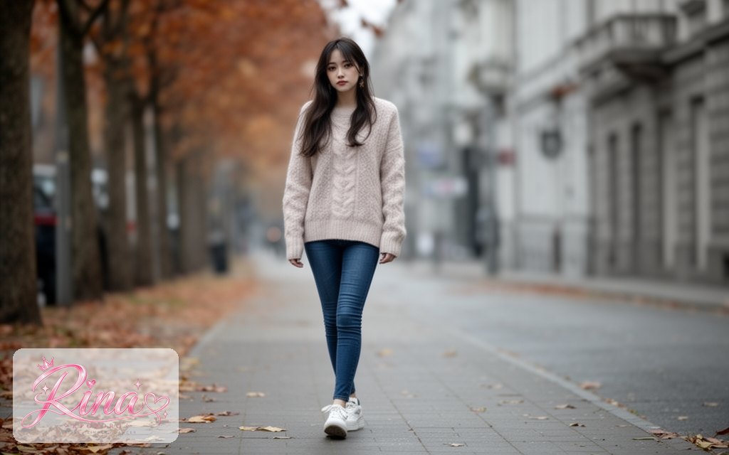 Rina, a POPORO CITY character, walking along a quiet city sidewalk on an autumn morning