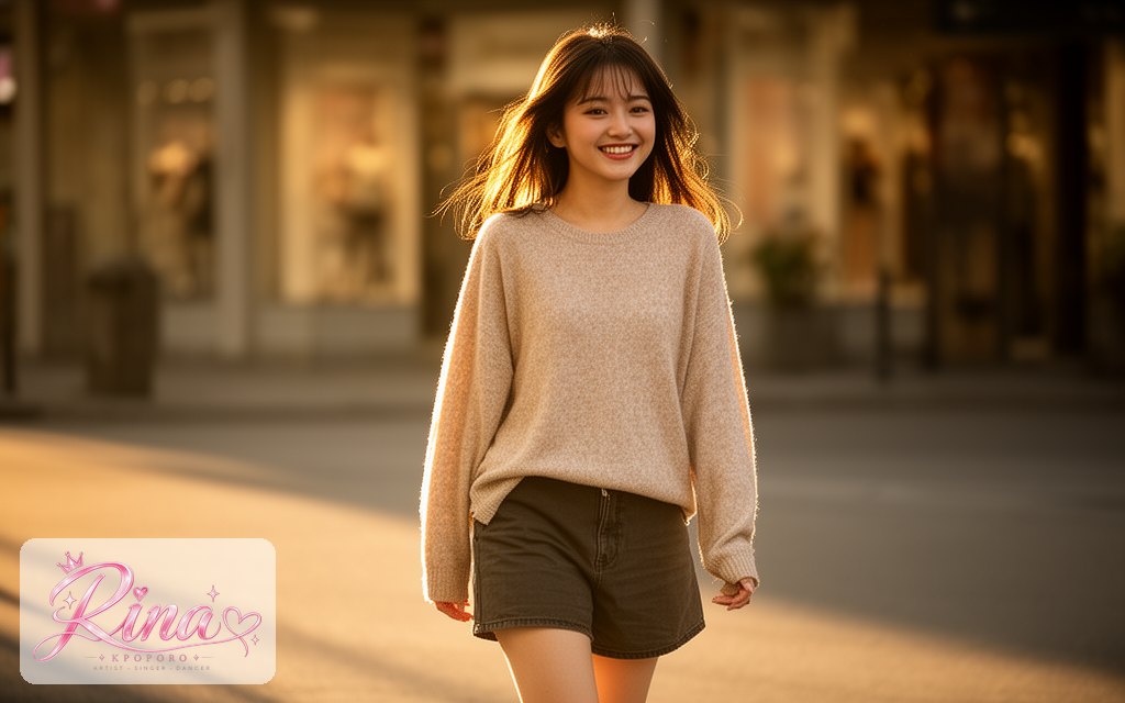 Rina, a POPORO CITY character, walking along a city street at golden hour in a relaxed street-style outfit