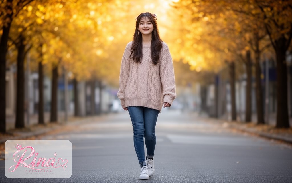 Rina, a POPORO CITY character, walking along a tree-lined city street on a sunny autumn morning
