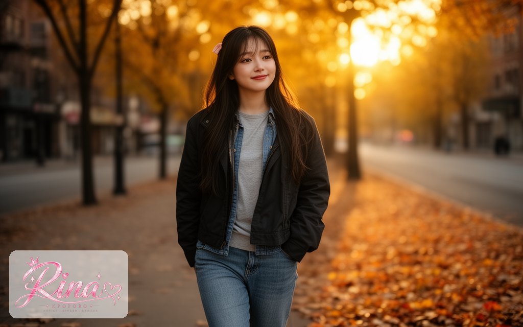 Rina, a POPORO CITY character, walking along a city sidewalk on a crisp autumn afternoon