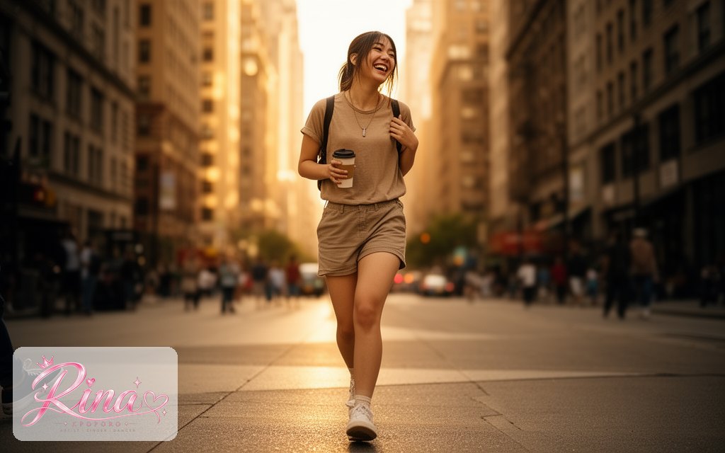Rina, a POPORO CITY character, walking down a sunny city street with a coffee