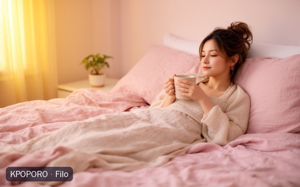 Filo, a POPORO CITY character, relaxing on a cozy bed on a slow Sunday morning with a warm mug
