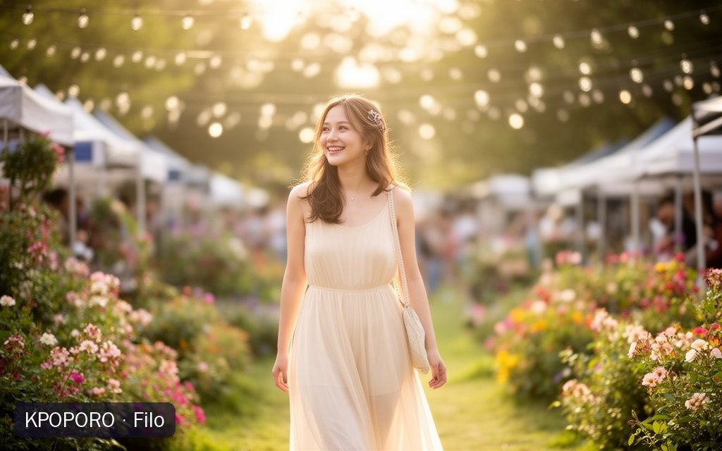 Filo, a POPORO CITY character, strolling through a sunny garden market in late spring