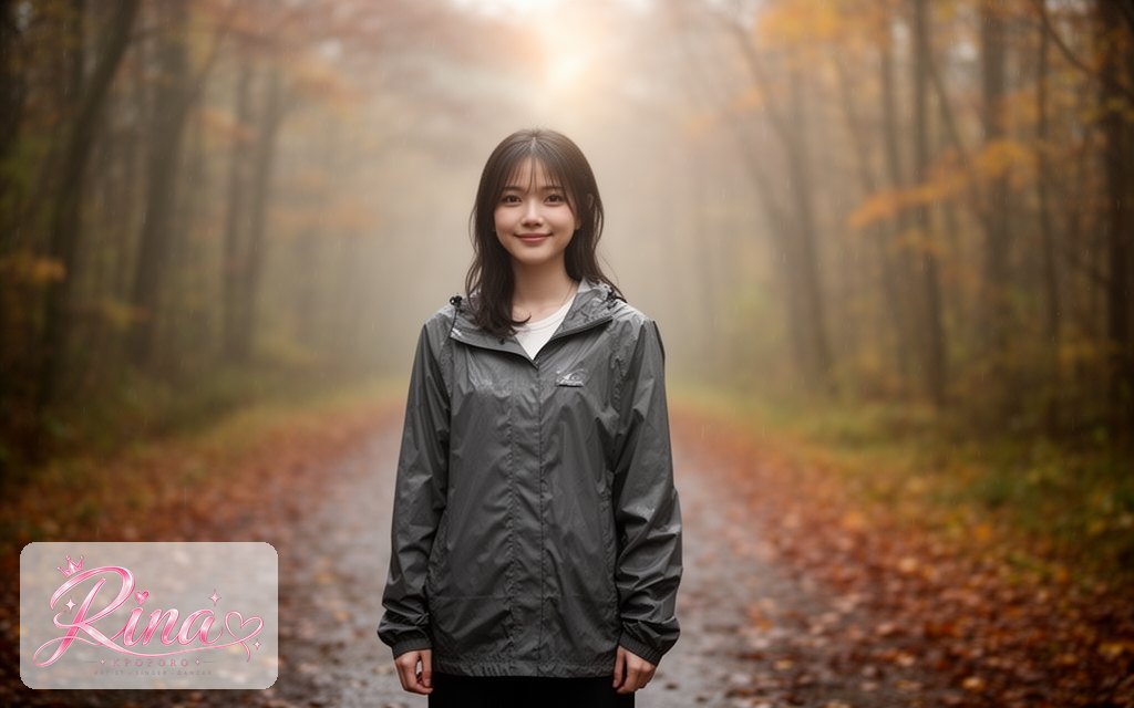 Rina, a POPORO CITY character, standing at the start of a misty forest trail in autumn drizzle