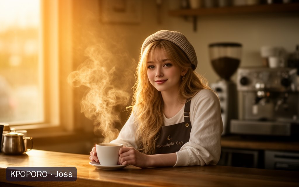 Joss, a POPORO CITY character, standing behind the counter of a small neighborhood cafe in warm early morning light