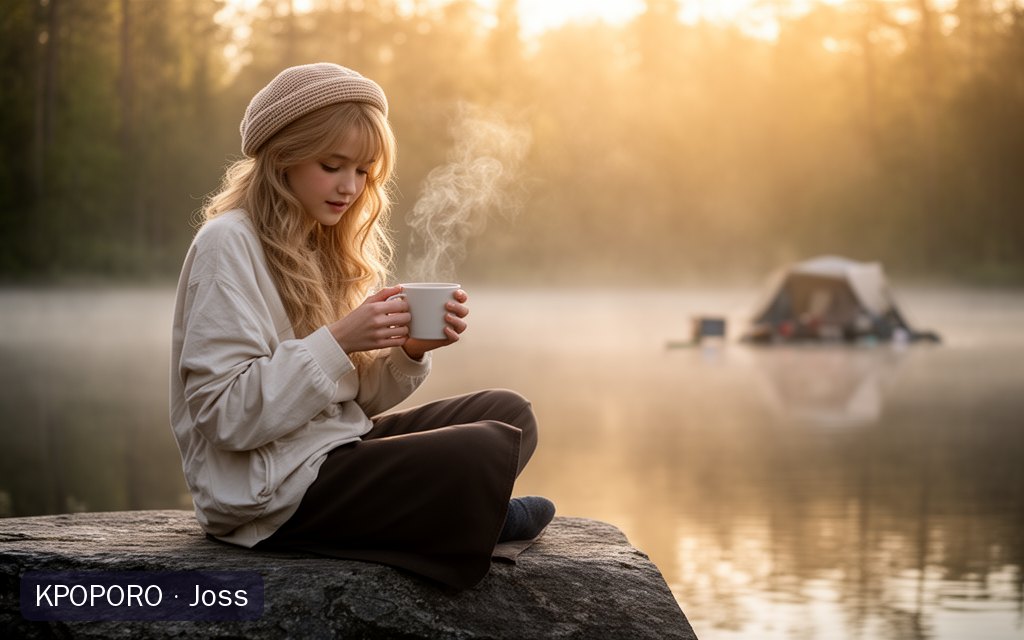 Joss, a POPORO CITY character, holding a warm mug beside a misty forest lake at sunrise