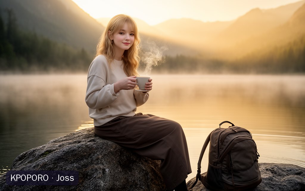 Joss, a POPORO CITY character, sitting by a misty mountain lake at sunrise with a small cup of coffee