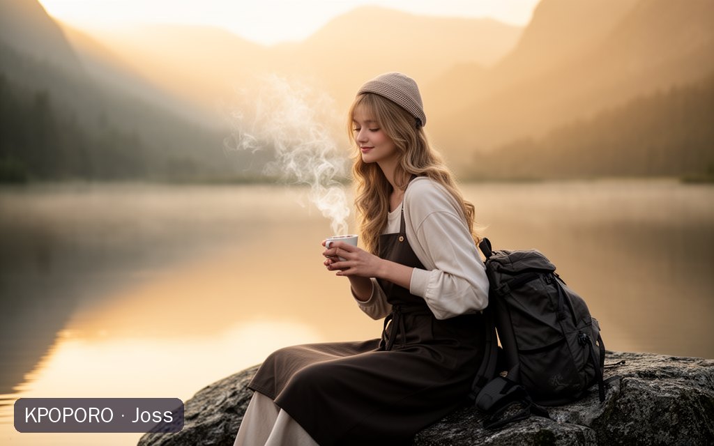 Joss, a POPORO CITY character, sitting beside a misty mountain lake at sunrise with a small cup of coffee