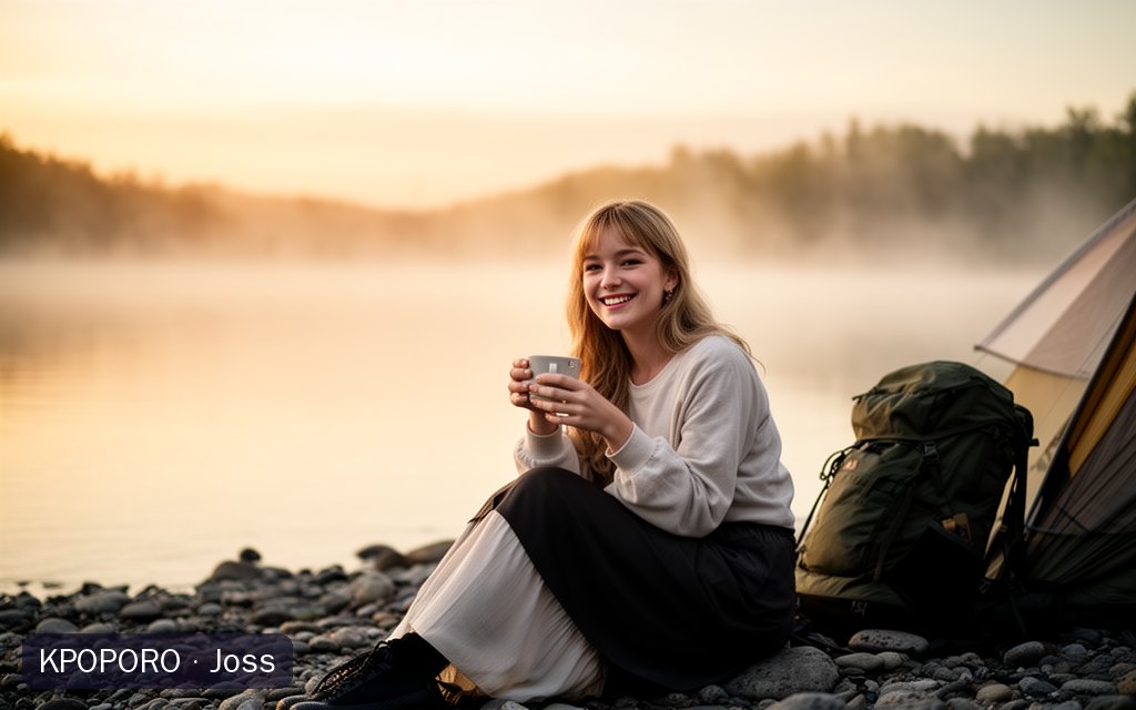 Joss, a POPORO CITY character, sitting by a misty lake at sunrise with a cup of coffee