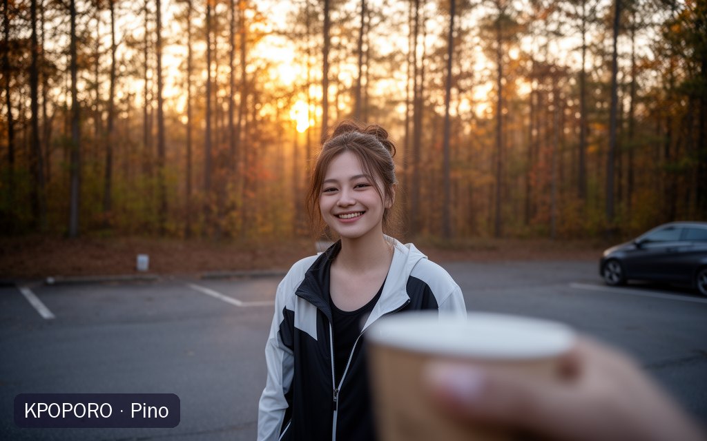 Pino, a POPORO CITY character, at a quiet trailhead in early morning light among pine trees