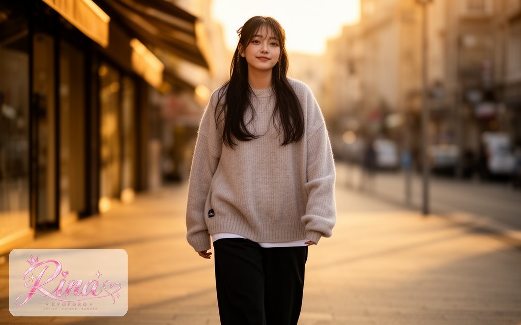 Rina, a POPORO CITY character, walking along a city street at golden hour in relaxed streetwear