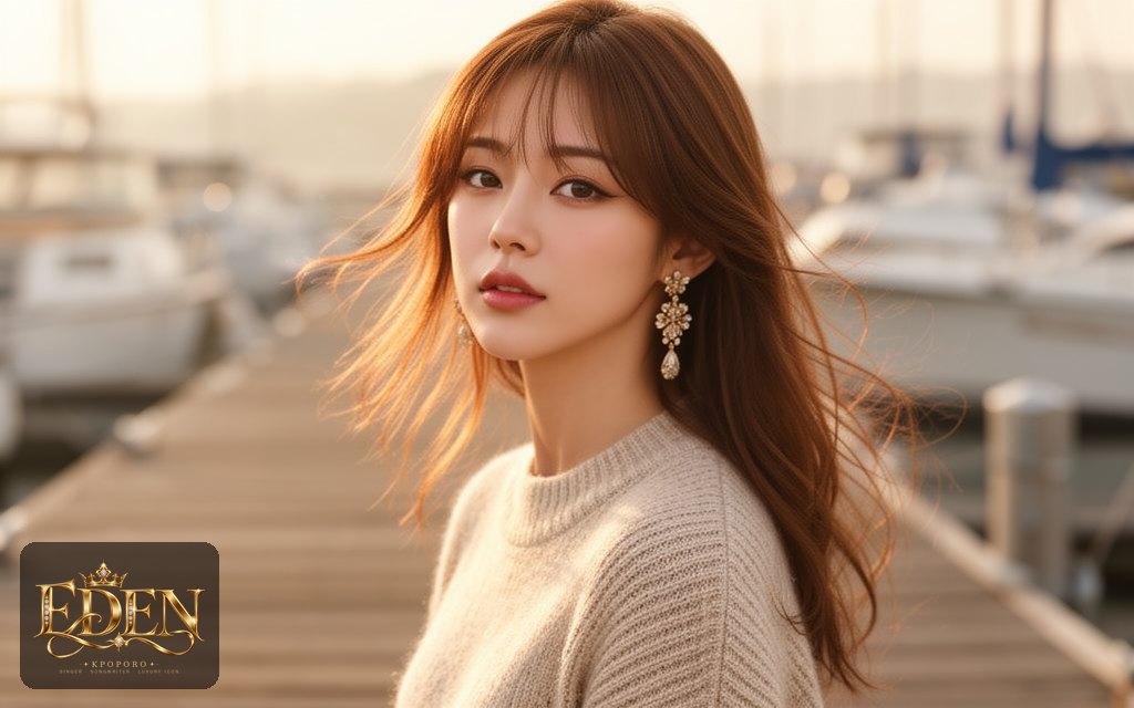 Eden, a POPORO CITY character, walking along a quiet harbor boardwalk on a crisp autumn morning