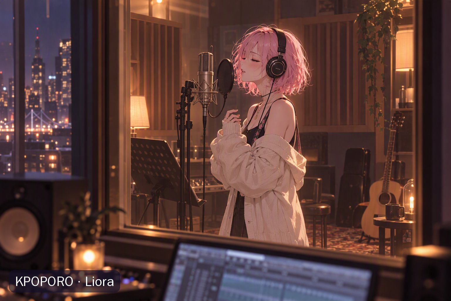 Liora singing at a vintage microphone in a POPORO CITY recording studio at night