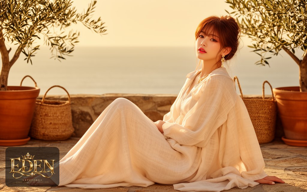 Eden, a POPORO CITY character, relaxing on a sunlit seaside stone terrace in late afternoon