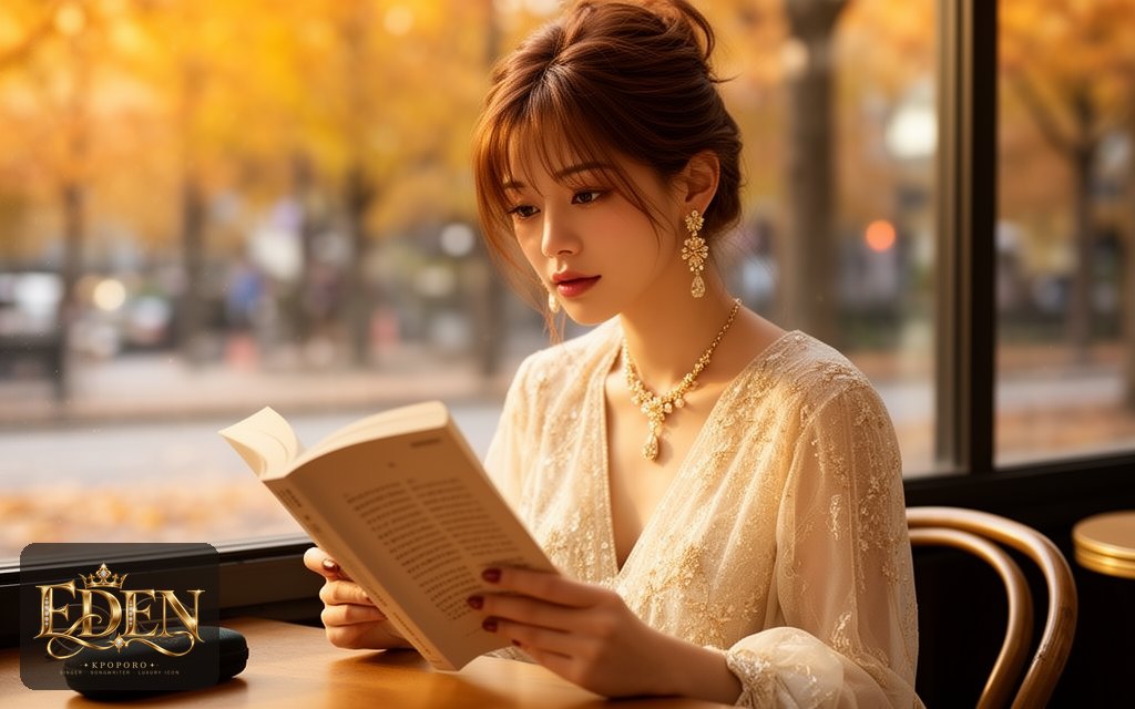 Eden, a POPORO CITY character, reading a book at a cafe window table in warm autumn light